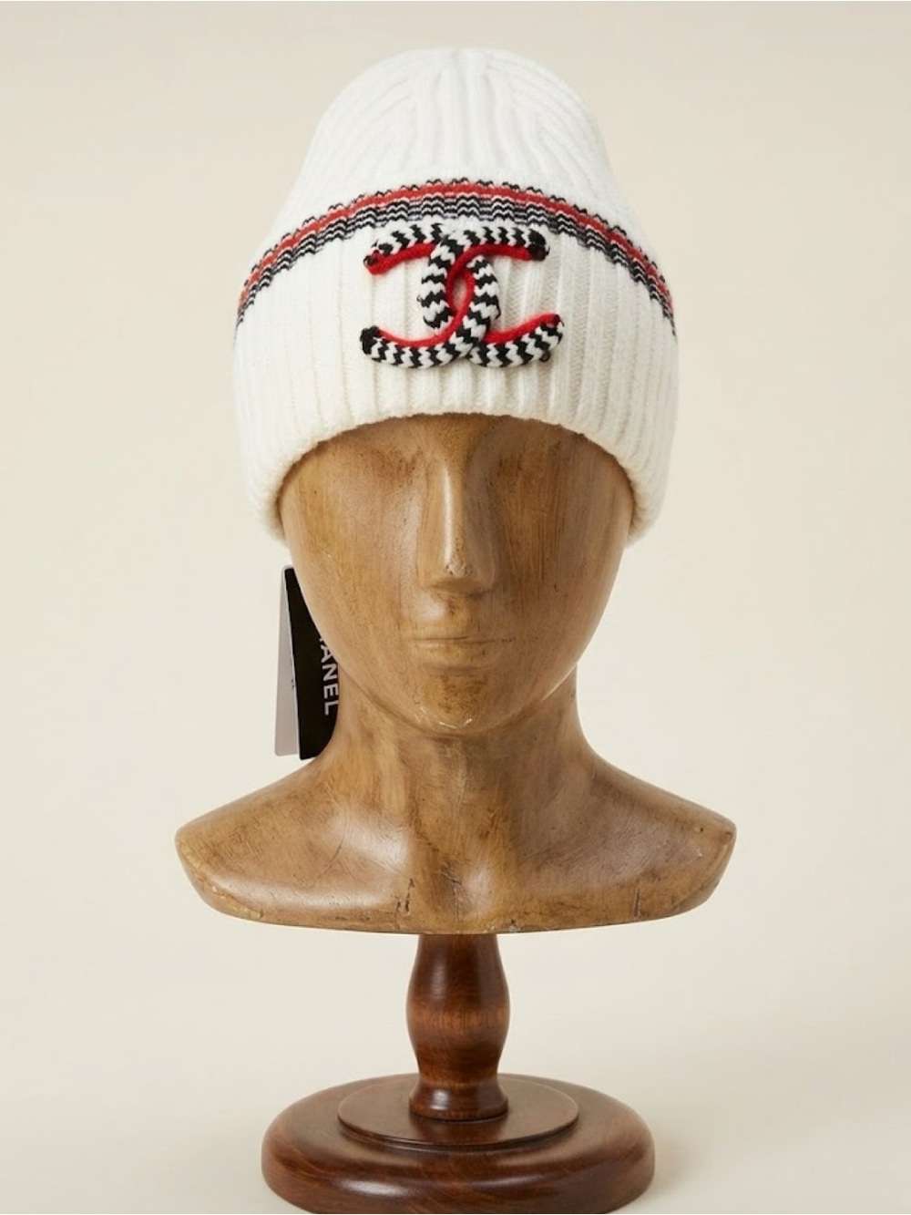 Brand New !  Winter Knit White Ribbed Beanie with Black and Red